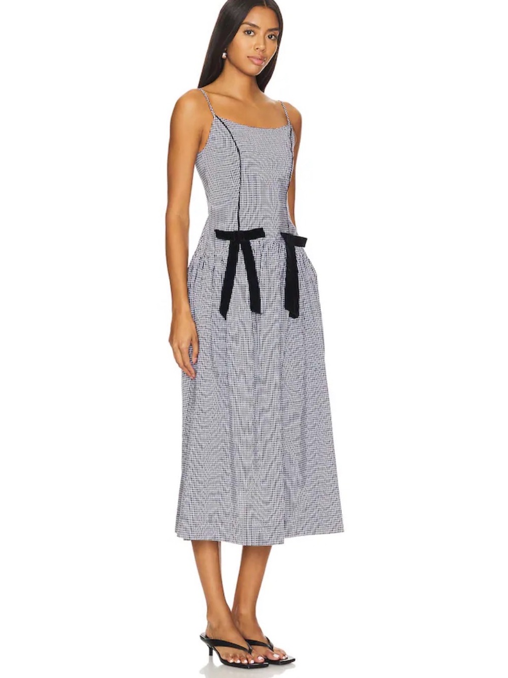 Damson Madder Persephone Black & White Gingham Midi Dress with Black Tie Detail